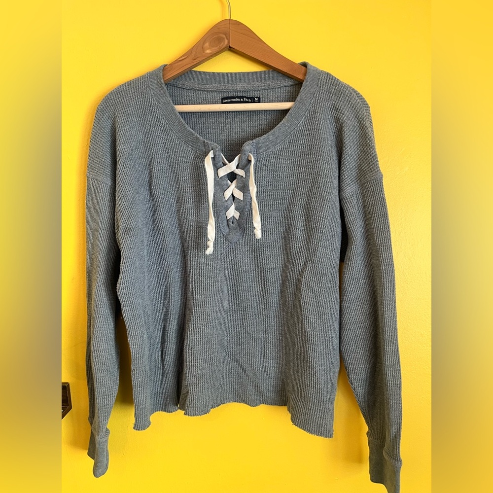 Abercrombie & Fitch Women's Slate Gray Lace-Up Waffle Knit Pullover